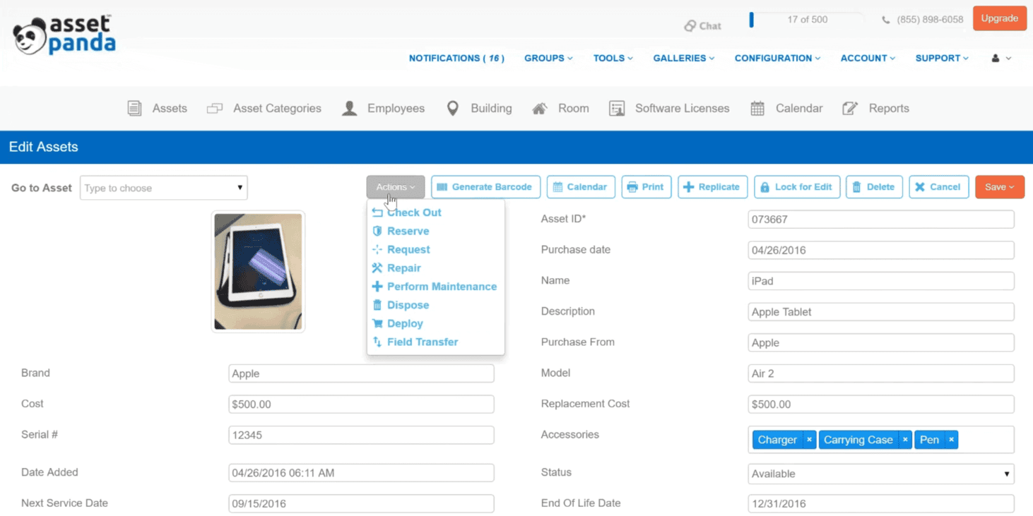 A screenshot of the Asset Panda edit assets page.