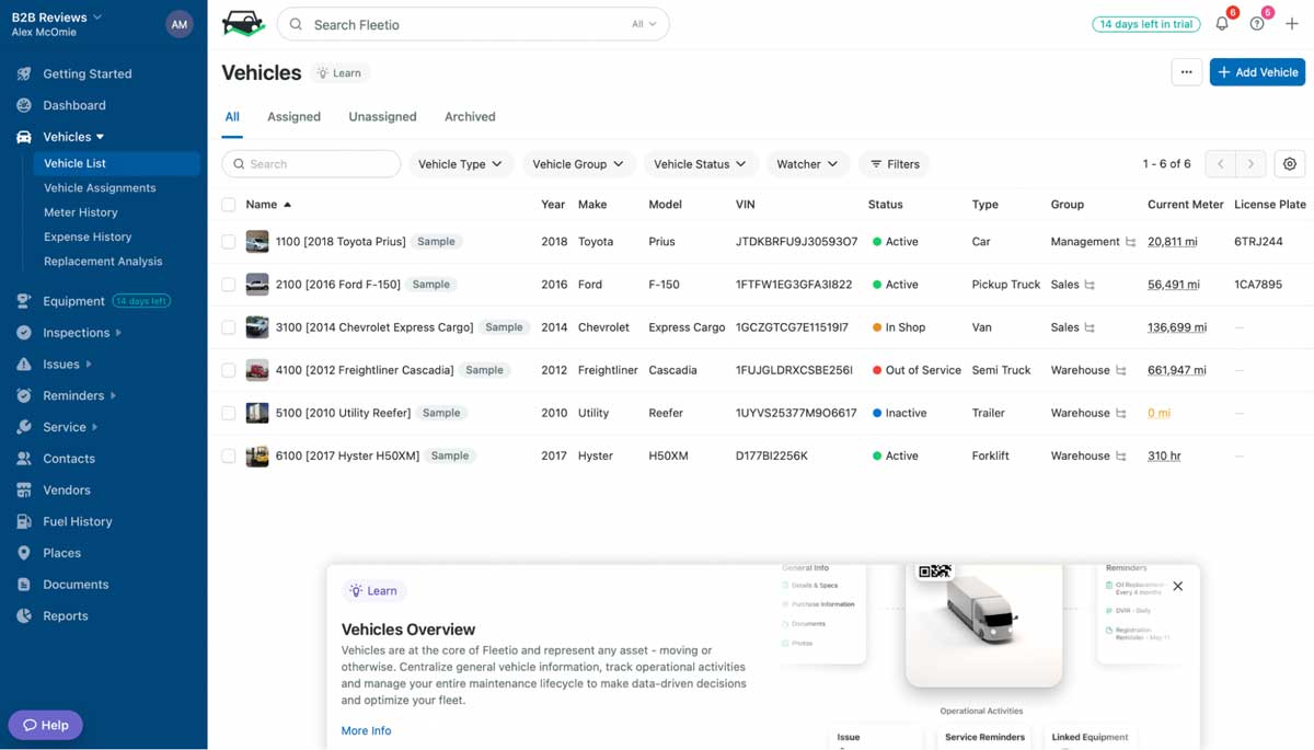 A screenshot of the Fleetio fleet maintenance interface.
