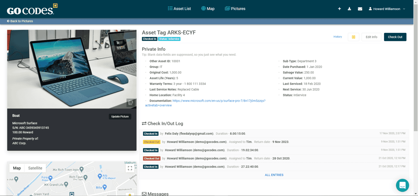 A screenshot of the GoCodes asset tracking interface.