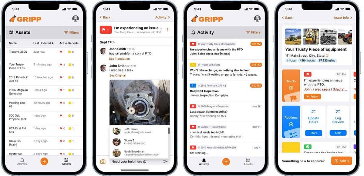 A preview of the Gripp farm team communication app.