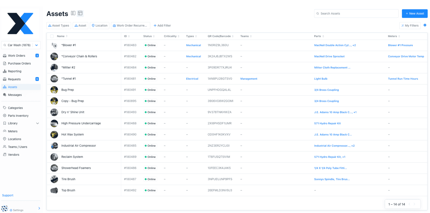 A screenshot of the MaintainX assets table view.