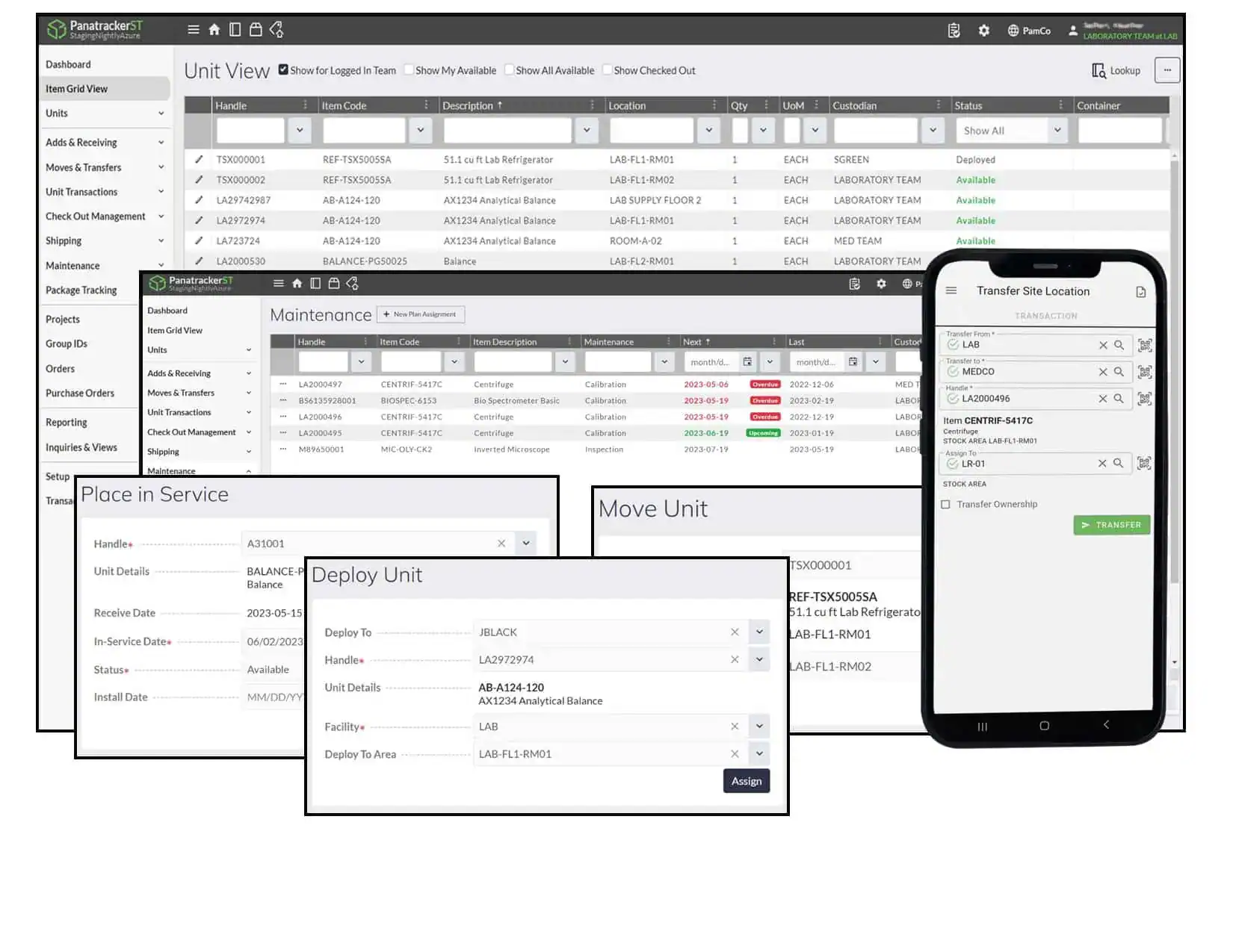 A screenshot of the Panatrack barcode-based asset tracking interface.