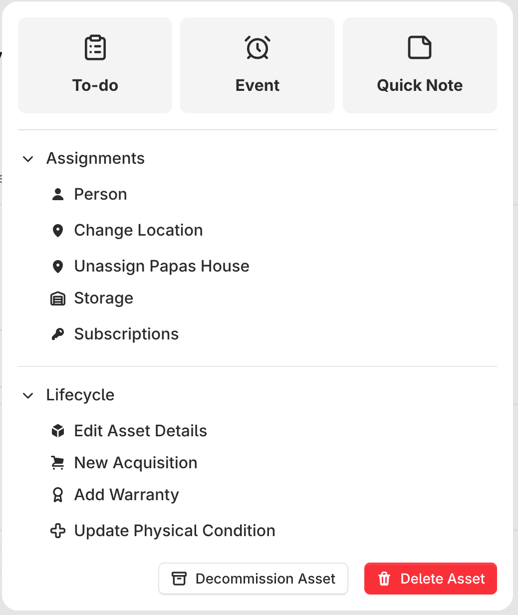 The actions menu on an asset