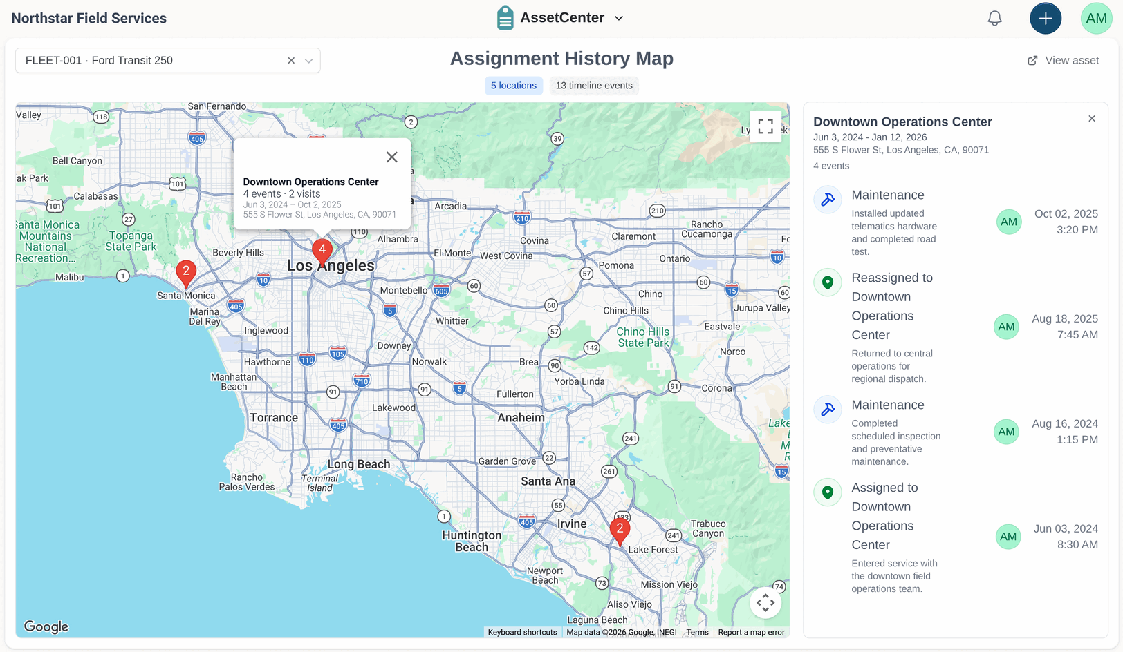 The Assignment History Map with a vehicle selected, one location's history open beside it
