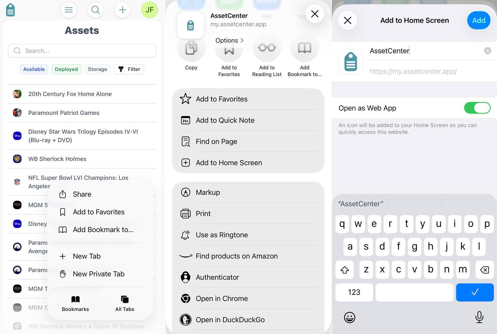Installing AssetCenter on iOS from the Safari share menu