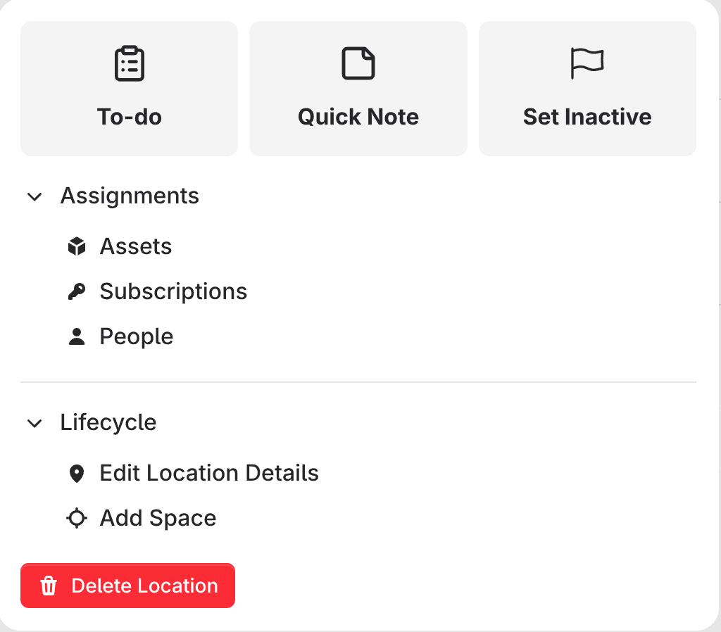 The actions menu on a location