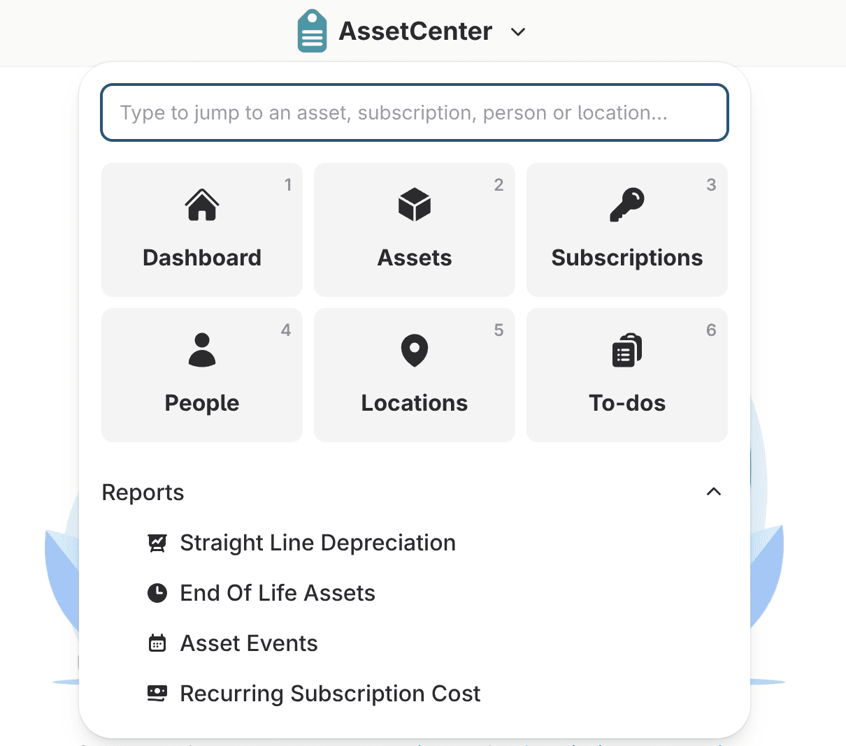 The AssetCenter main menu, open