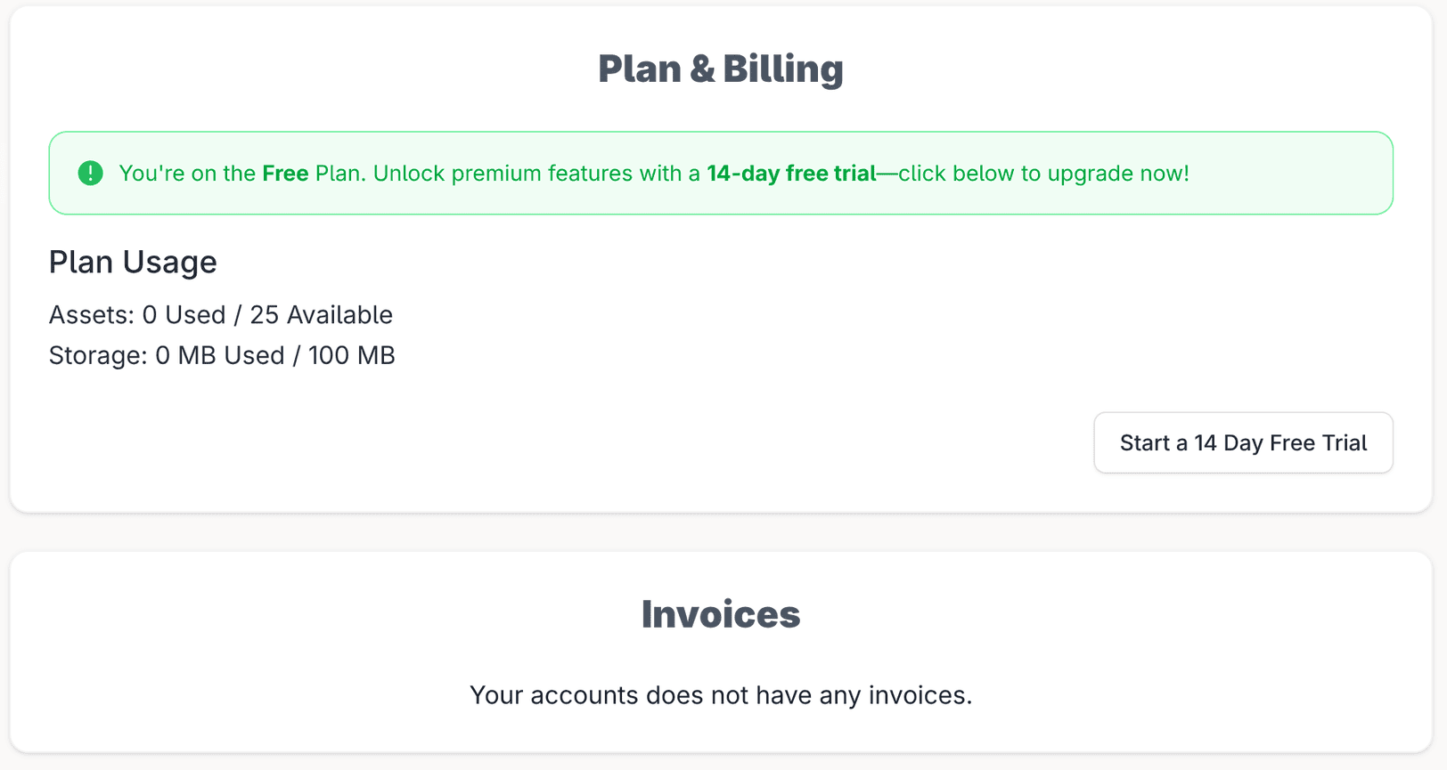 The Plan and Billing page with the start trial button