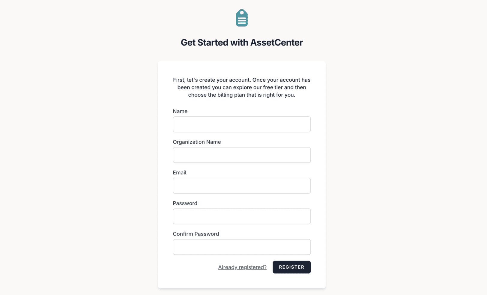The AssetCenter registration form
