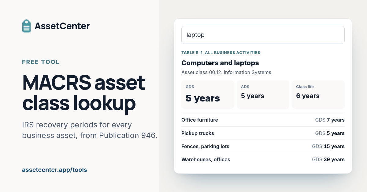 A search for “laptop” showing asset class 00.12, Information Systems, with a 5-year GDS recovery period.