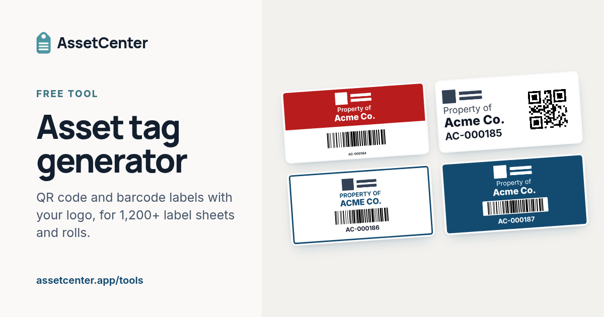 A sheet of printed asset tags, each with a logo, “Property of” line, barcode and number.