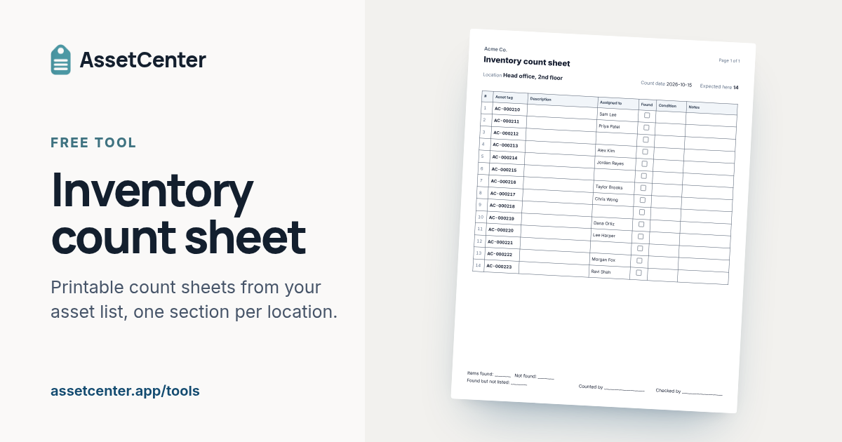 A printed inventory count sheet for one location, listing asset tags and descriptions with found and condition columns.