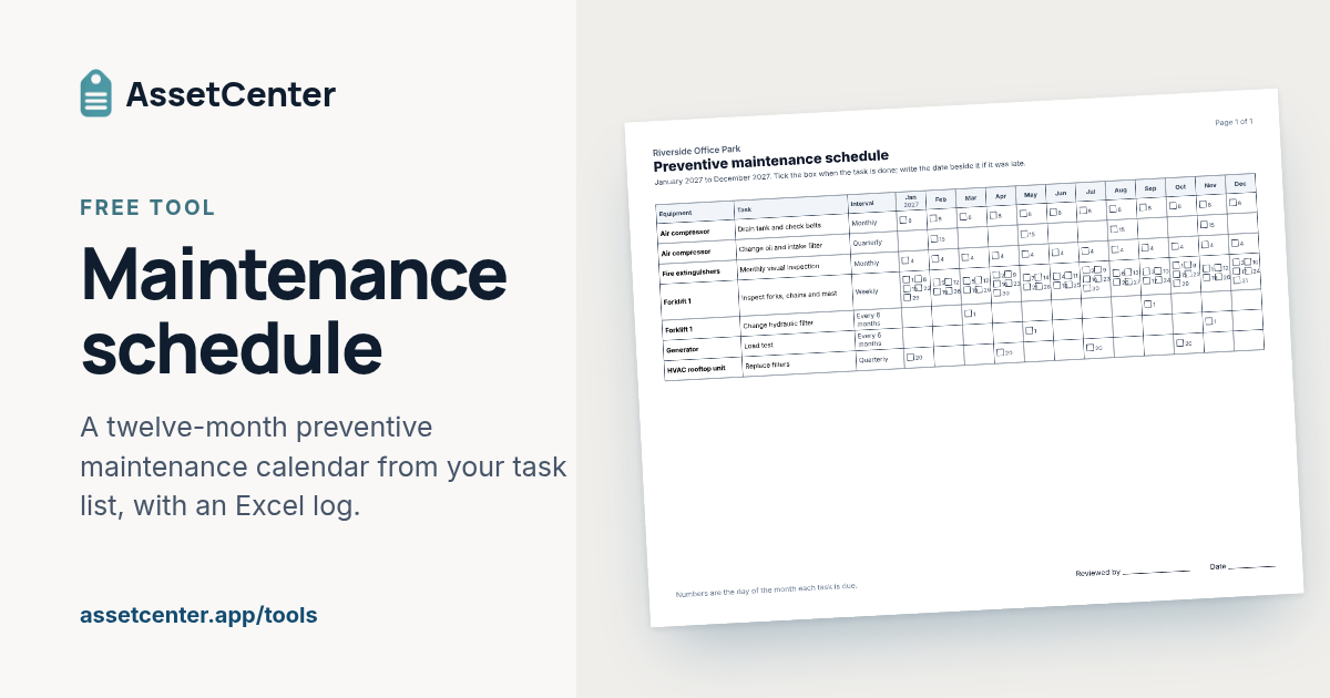 A printed maintenance calendar with tasks down the side, months across the top and tick boxes on each due day.