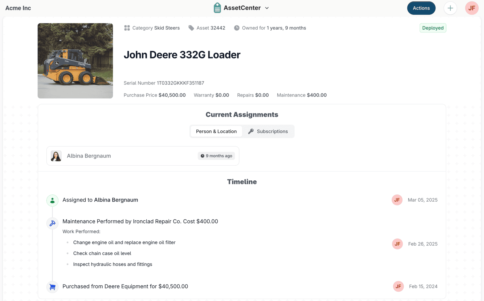 An asset record in AssetCenter for a John Deere 332G Loader, showing its current assignments and a timeline of maintenance and purchase events.