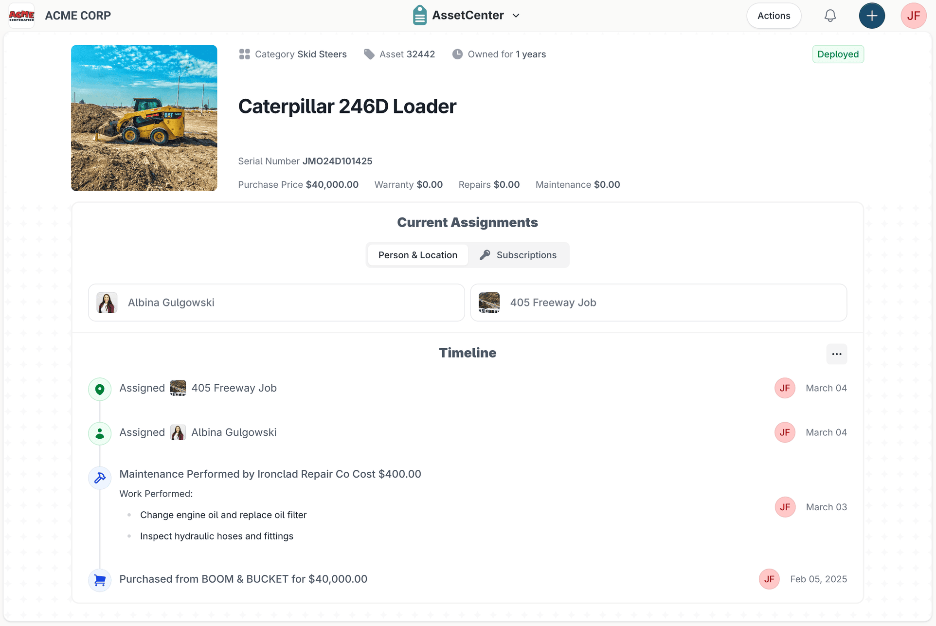 An asset record in AssetCenter: a Caterpillar 246D Loader with its current assignments and a timeline of assignment, maintenance and purchase events.