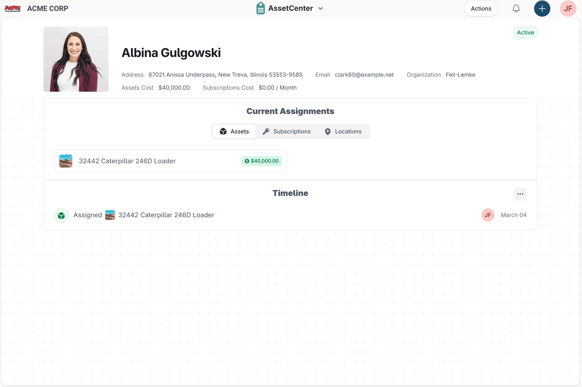 Person detail page showing assigned assets, subscription cost and an assignment timeline.
