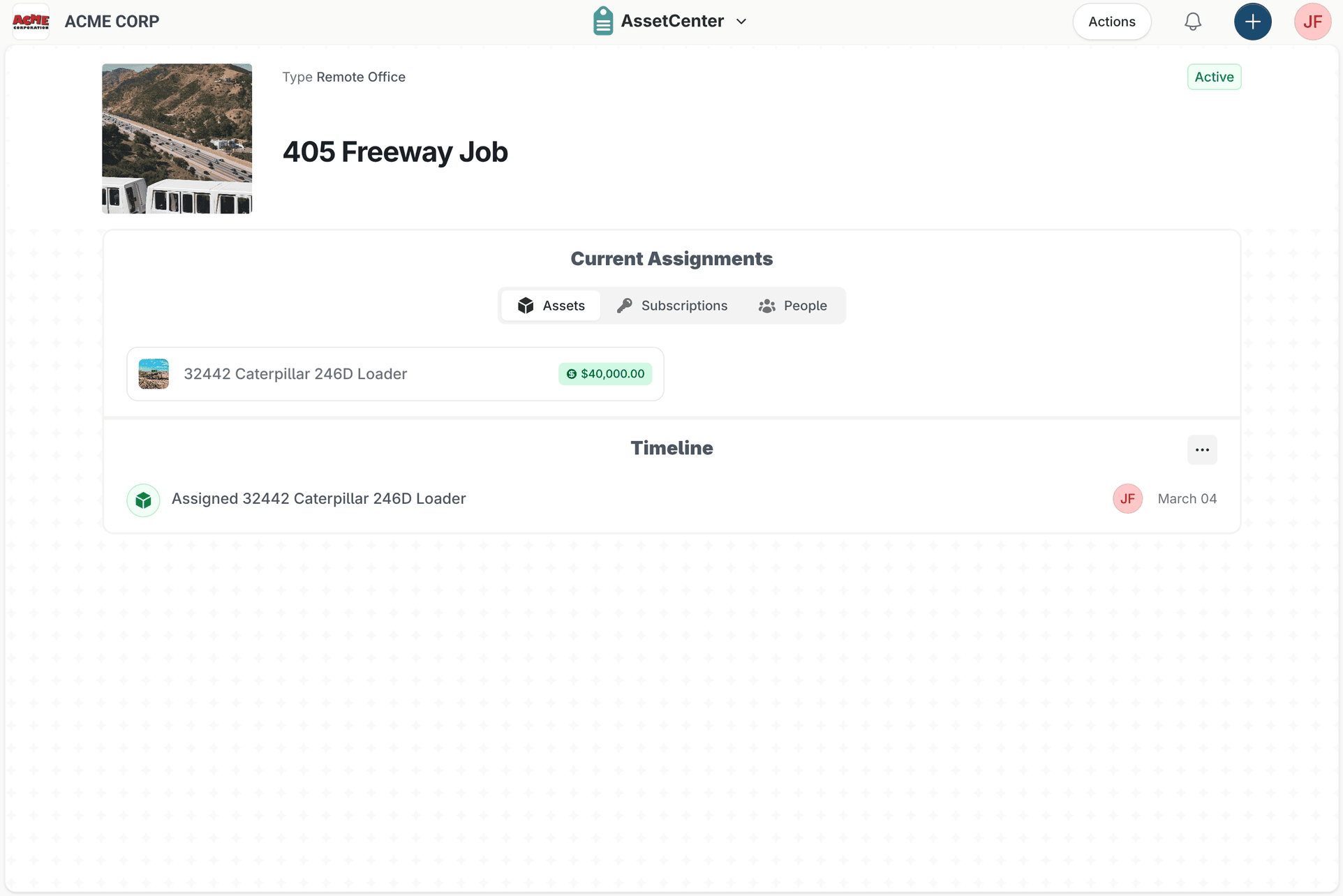 Location detail page for the 405 Freeway Job showing assigned assets and a timeline.