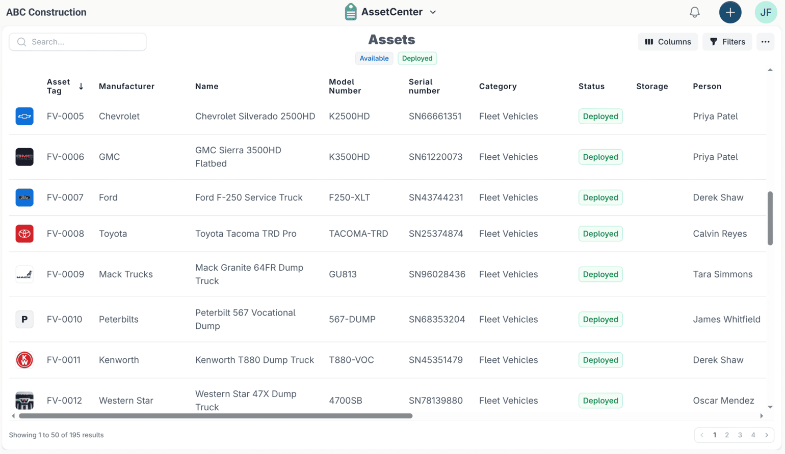The AssetCenter asset list for a construction company, with columns for asset tag, manufacturer, model and serial number, category, status, storage and assigned person.
