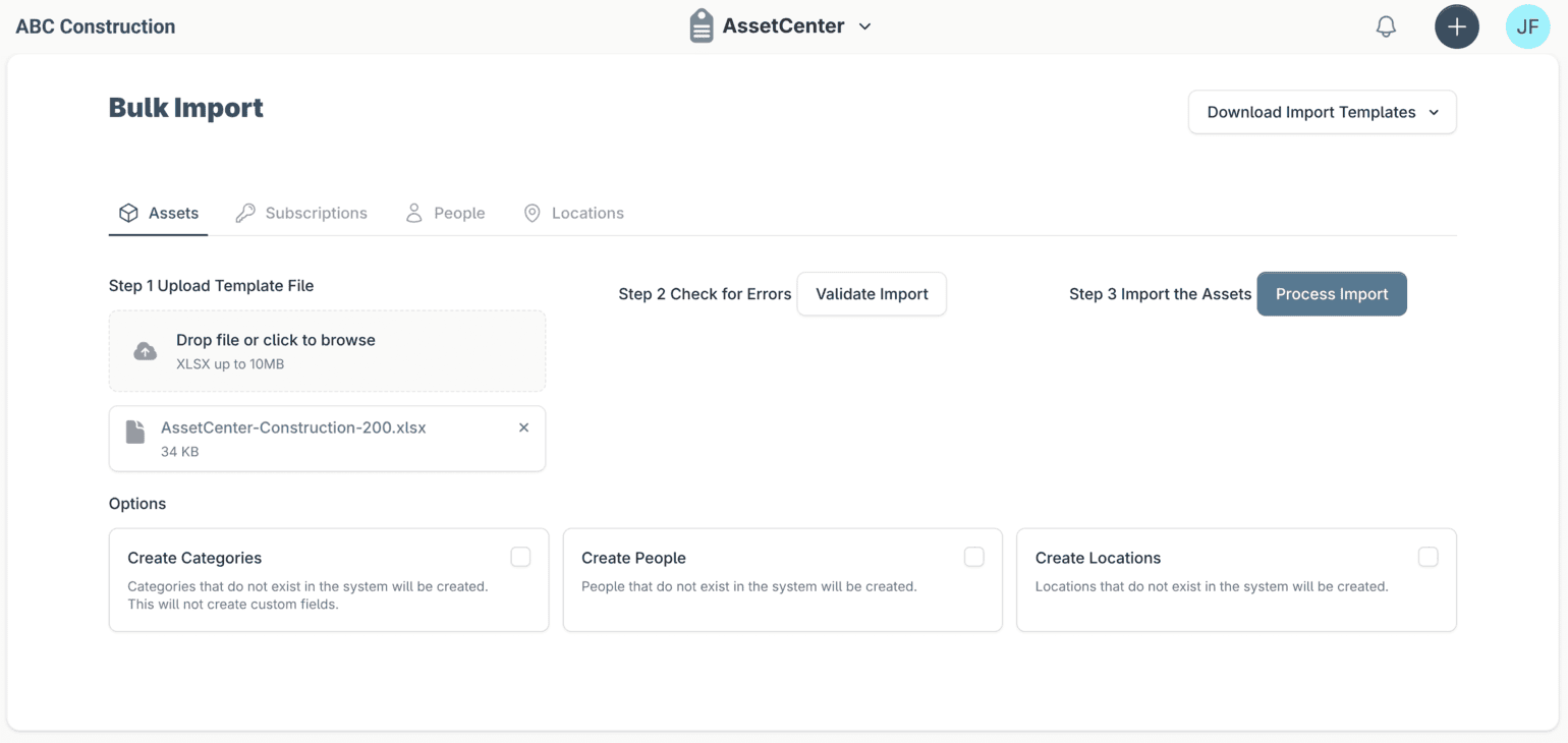 The AssetCenter bulk import screen with a construction asset template uploaded, showing the validate and process steps and options to create missing categories, people and locations.