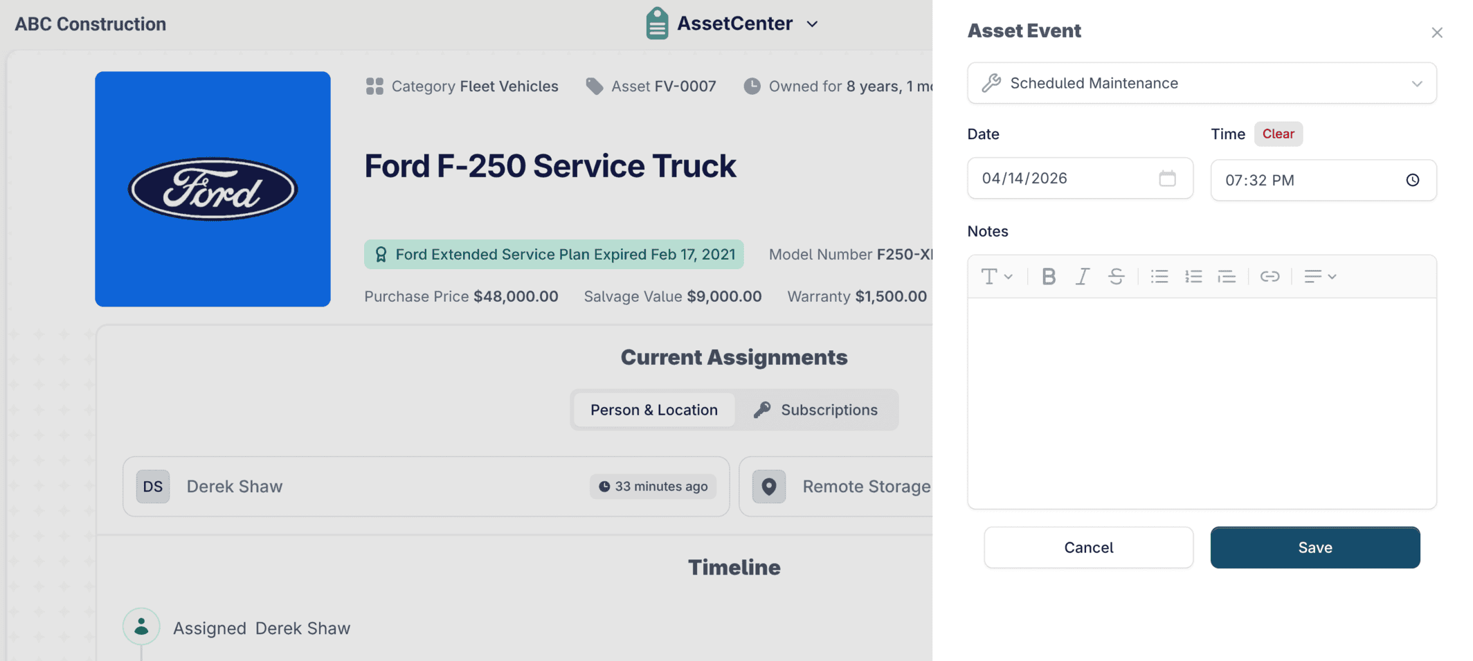 Logging an event against a Ford F-250 Service Truck in AssetCenter: an Asset Event panel with the event type set to Scheduled Maintenance, plus date, time and notes fields.