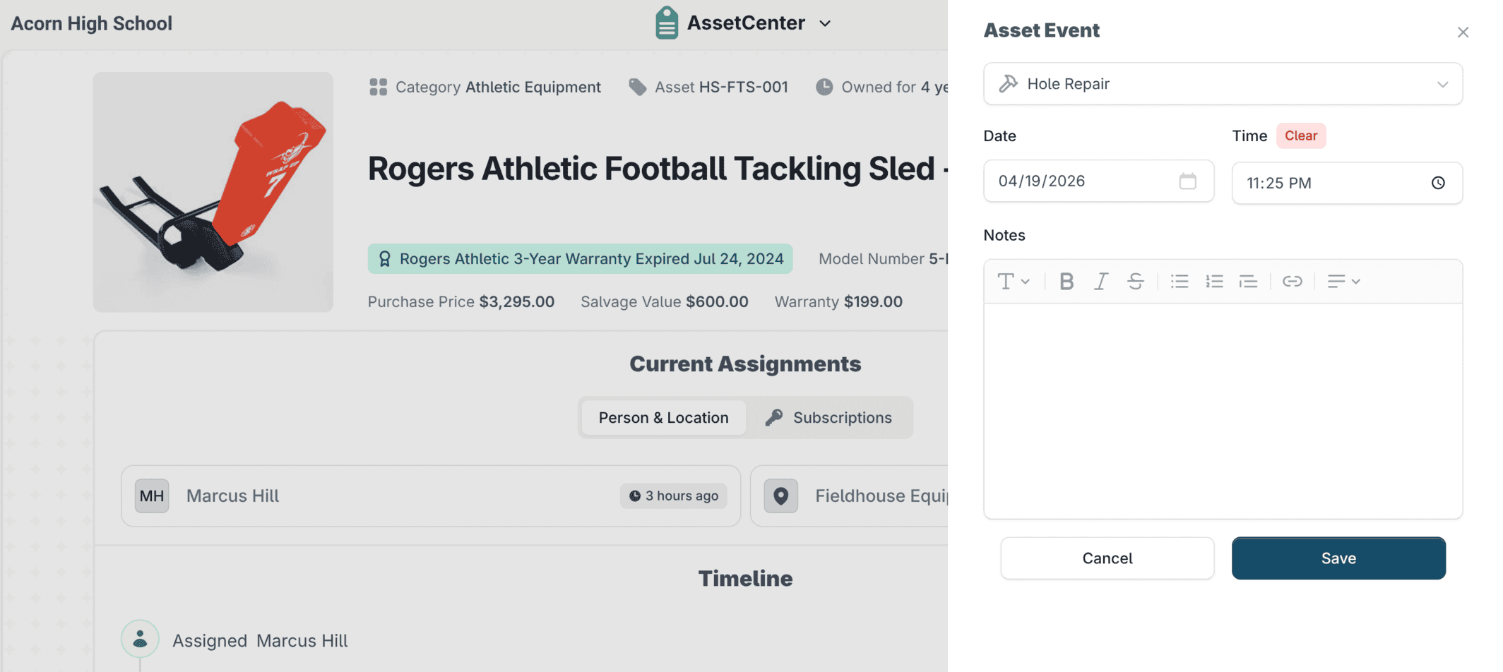 Logging an event against a school asset in AssetCenter, with an Asset Event panel for the event type, date, time and notes.