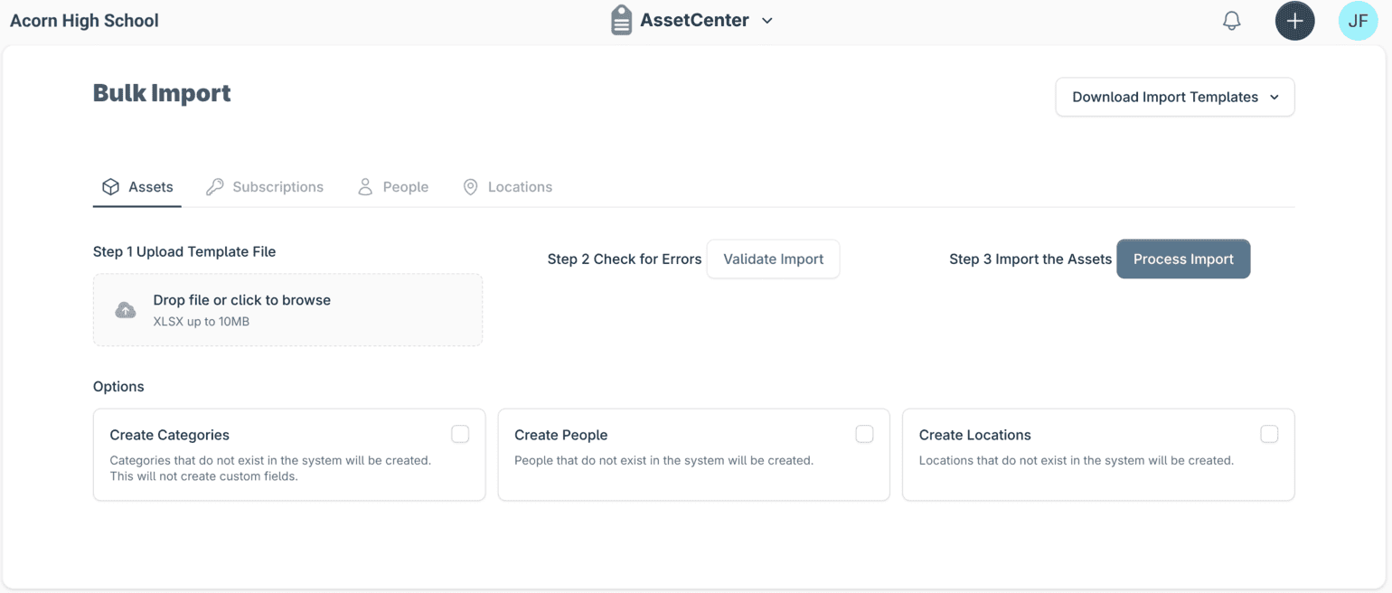 The AssetCenter bulk import screen: upload a template file, validate it for errors, then process the import, with options to create missing categories, people and locations.