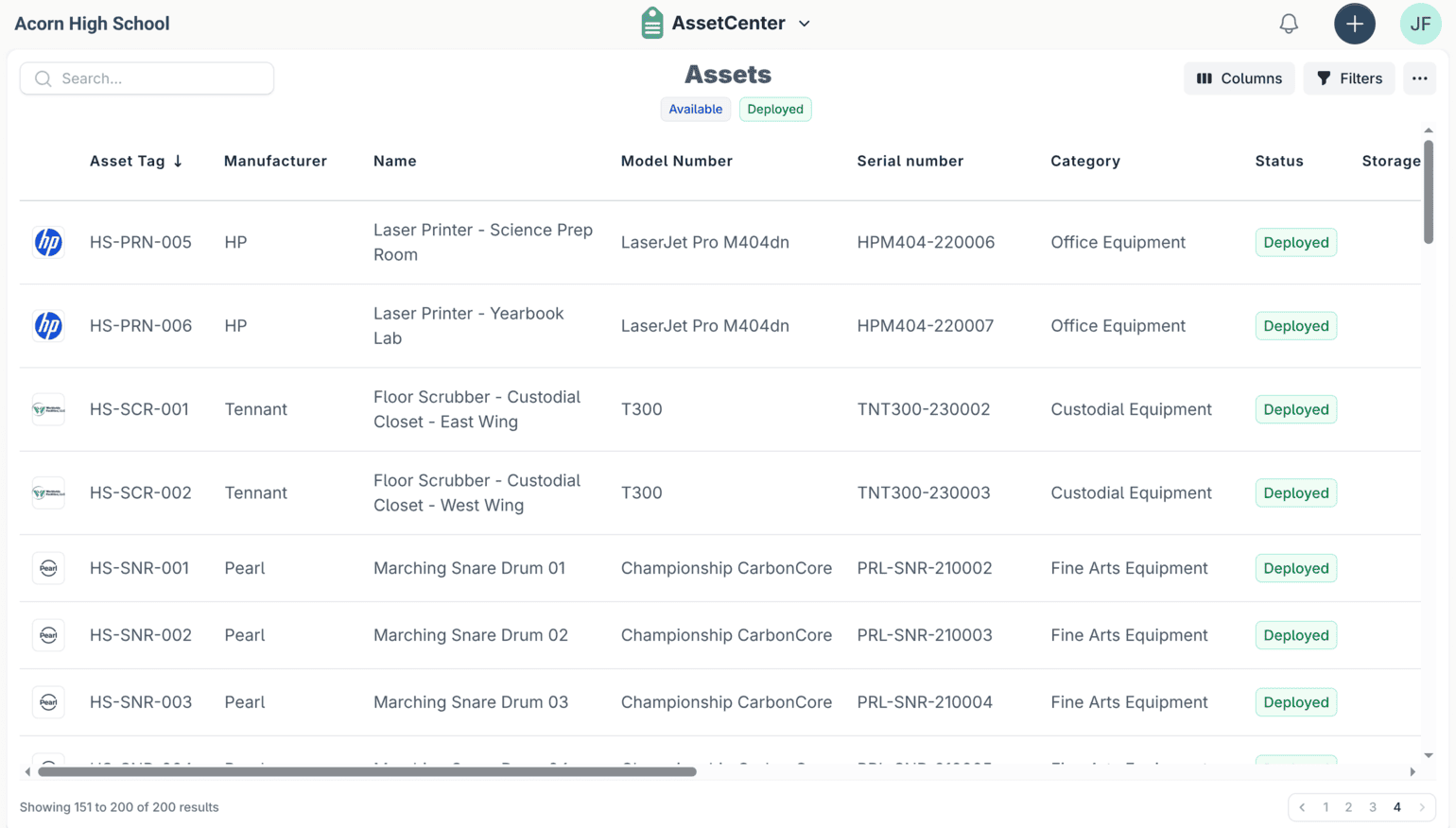 The AssetCenter asset list for a school, with columns for asset tag, manufacturer, model and serial number, category, status and storage.