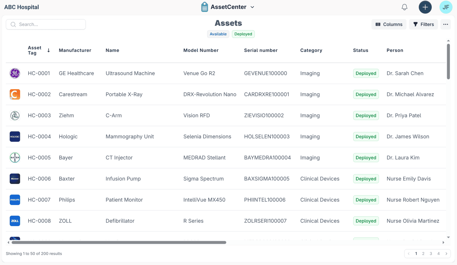 The AssetCenter asset list for a hospital, with columns for asset tag, manufacturer, model and serial number, category, status and assigned clinician.