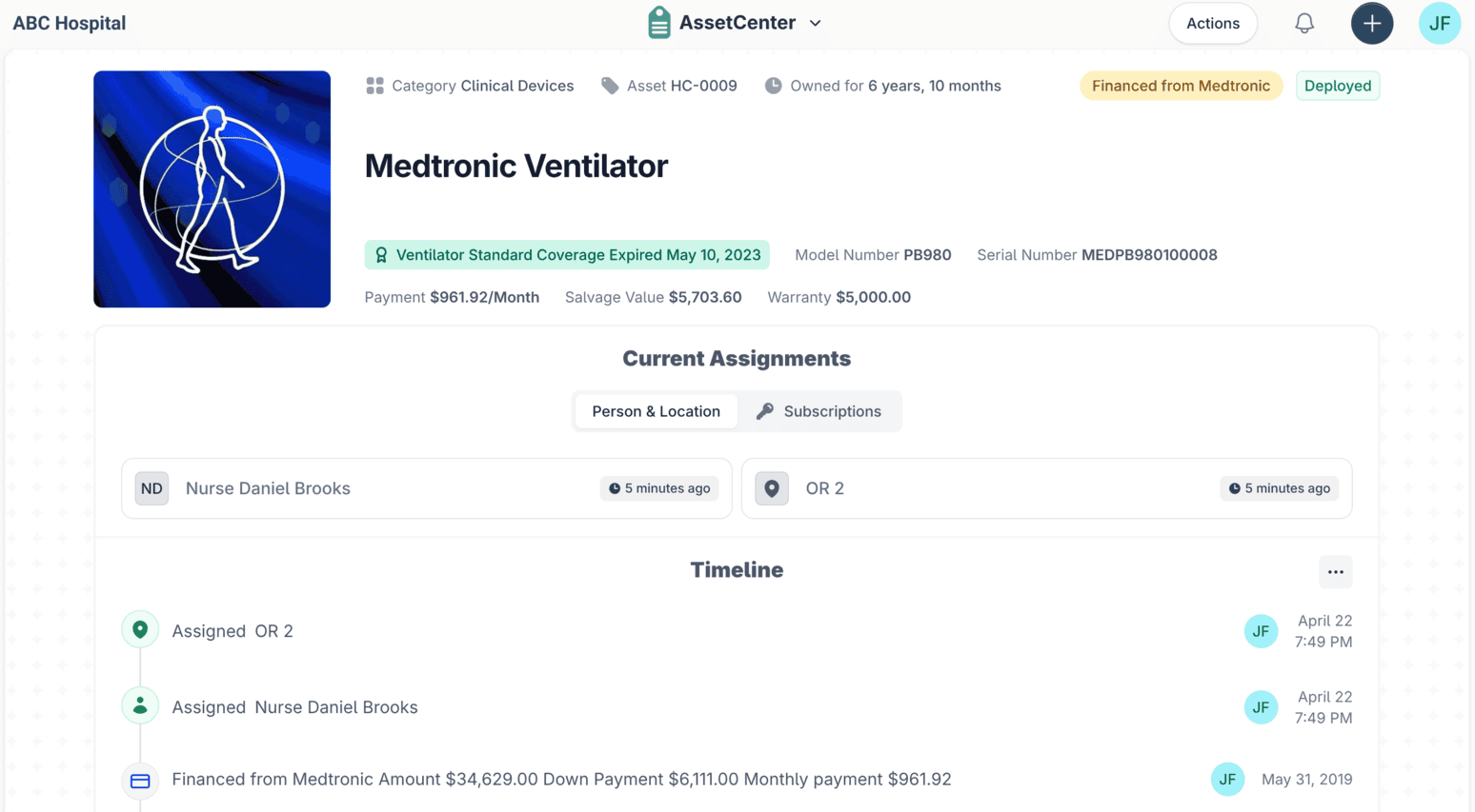 An asset record in AssetCenter for a Medtronic Ventilator, showing its category, coverage and payment figures, current assignments and a timeline of events.