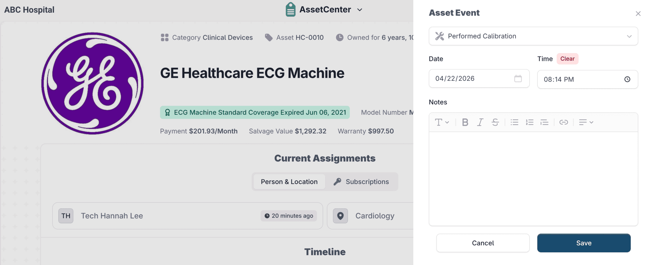 Logging a Performed Calibration event against a GE Healthcare ECG machine in AssetCenter, with date, time and notes fields.
