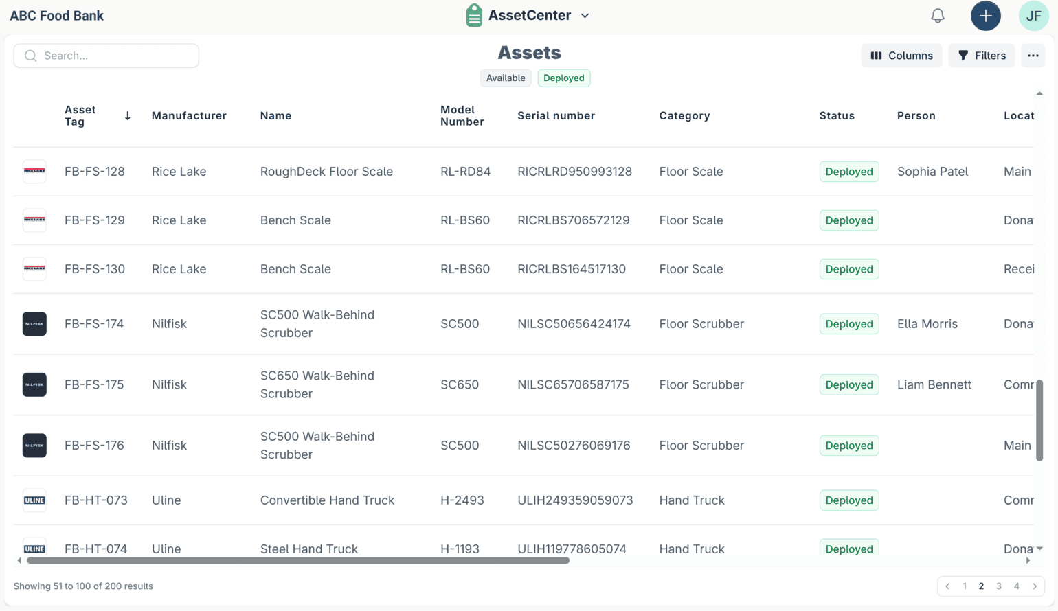The AssetCenter asset list for a nonprofit, with columns for asset tag, manufacturer, model and serial number, category, status and assigned staff member.