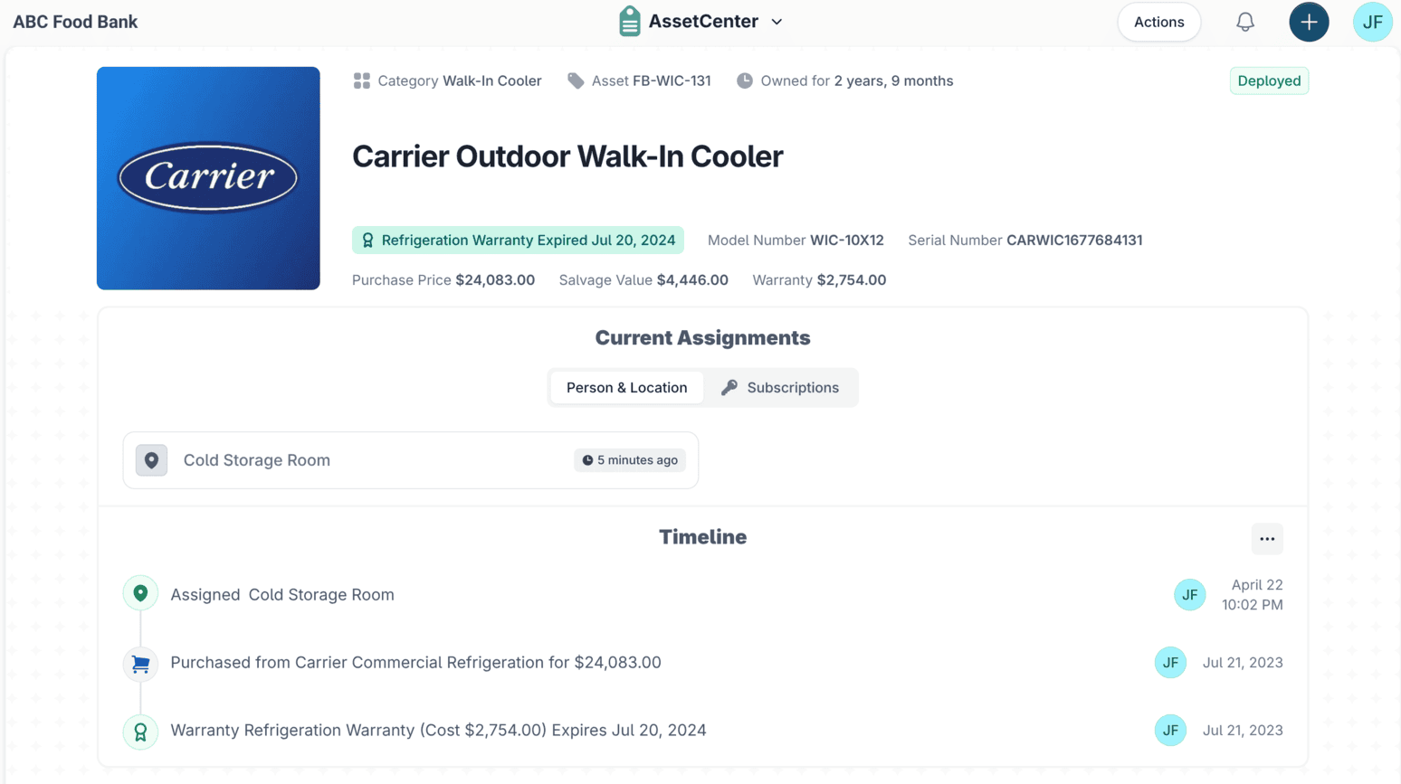 An asset record in AssetCenter for a nonprofit, showing its category, funding and value figures, current assignments and a timeline of events.
