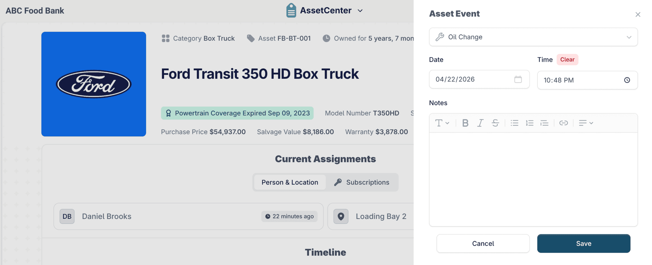 Logging an event against a nonprofit asset in AssetCenter, with an Asset Event panel for the event type, date, time and notes.