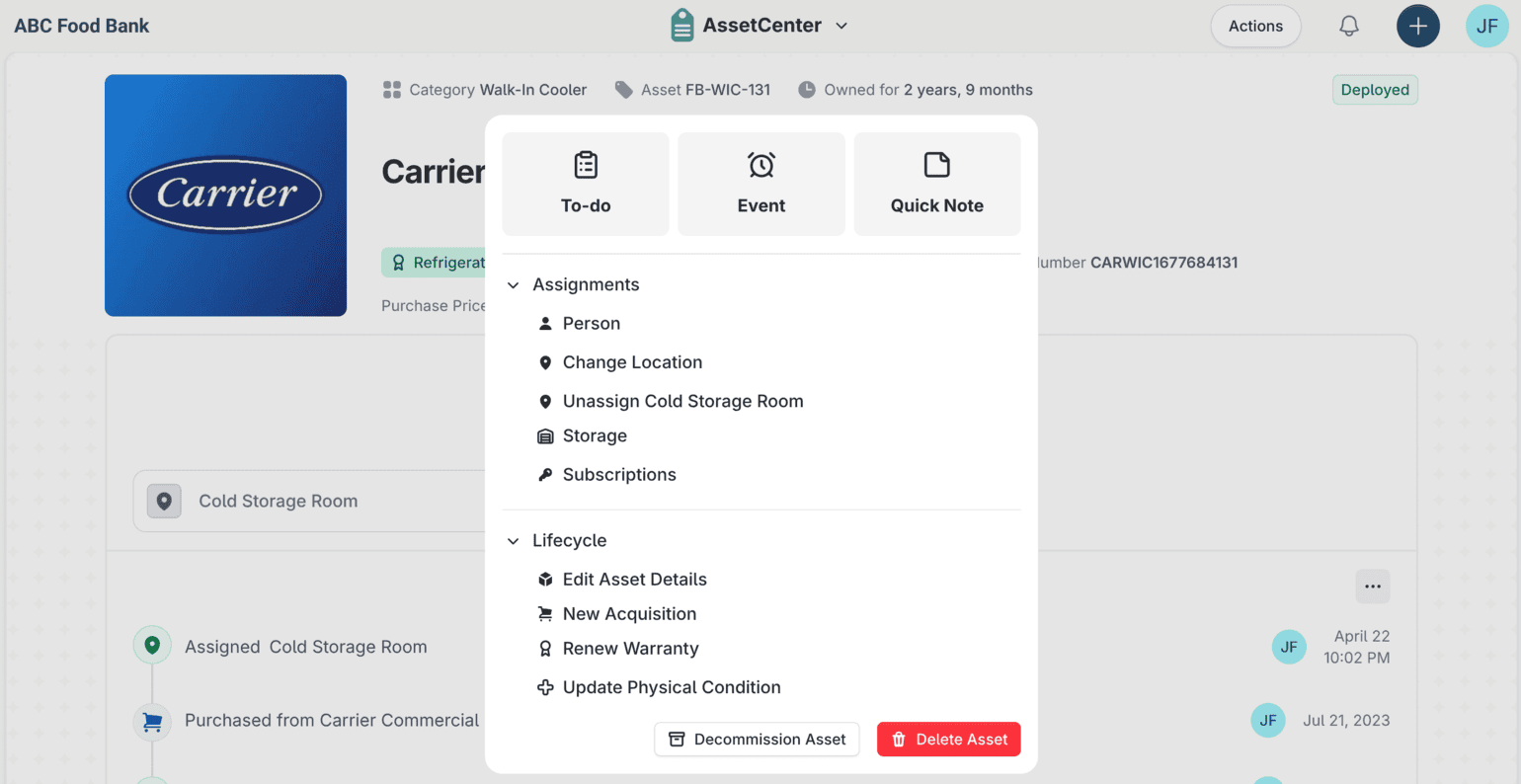 The actions menu open on a nonprofit asset record in AssetCenter, offering to-do, event and quick note shortcuts alongside assignment and lifecycle actions.