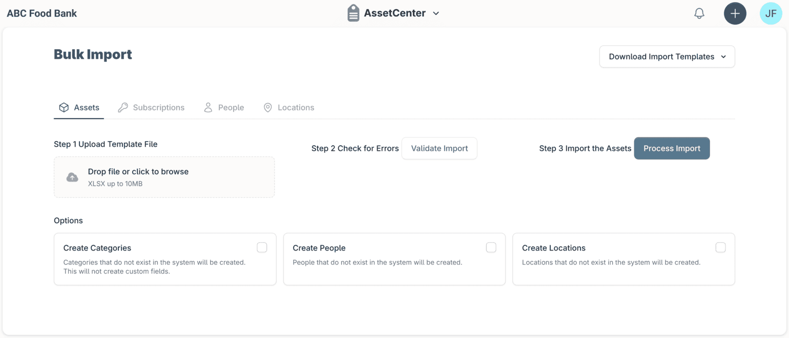 The AssetCenter bulk import screen: upload a template file, validate it for errors, then process the import, with options to create missing categories, people and locations.