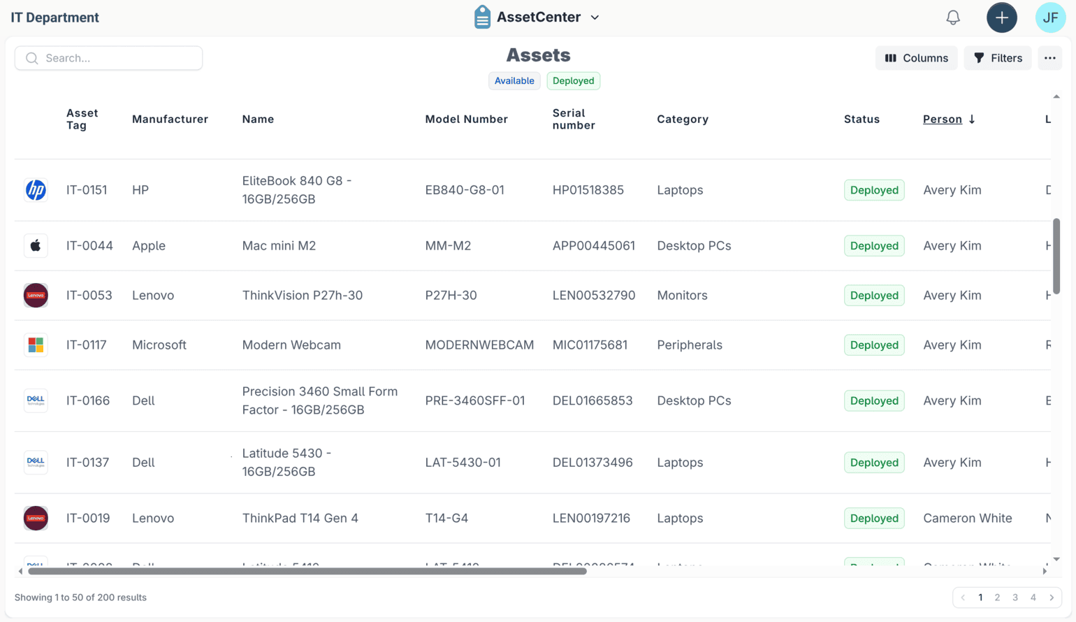 The AssetCenter asset list for an IT department, with columns for asset tag, manufacturer, model and serial number, category, status and assigned person.