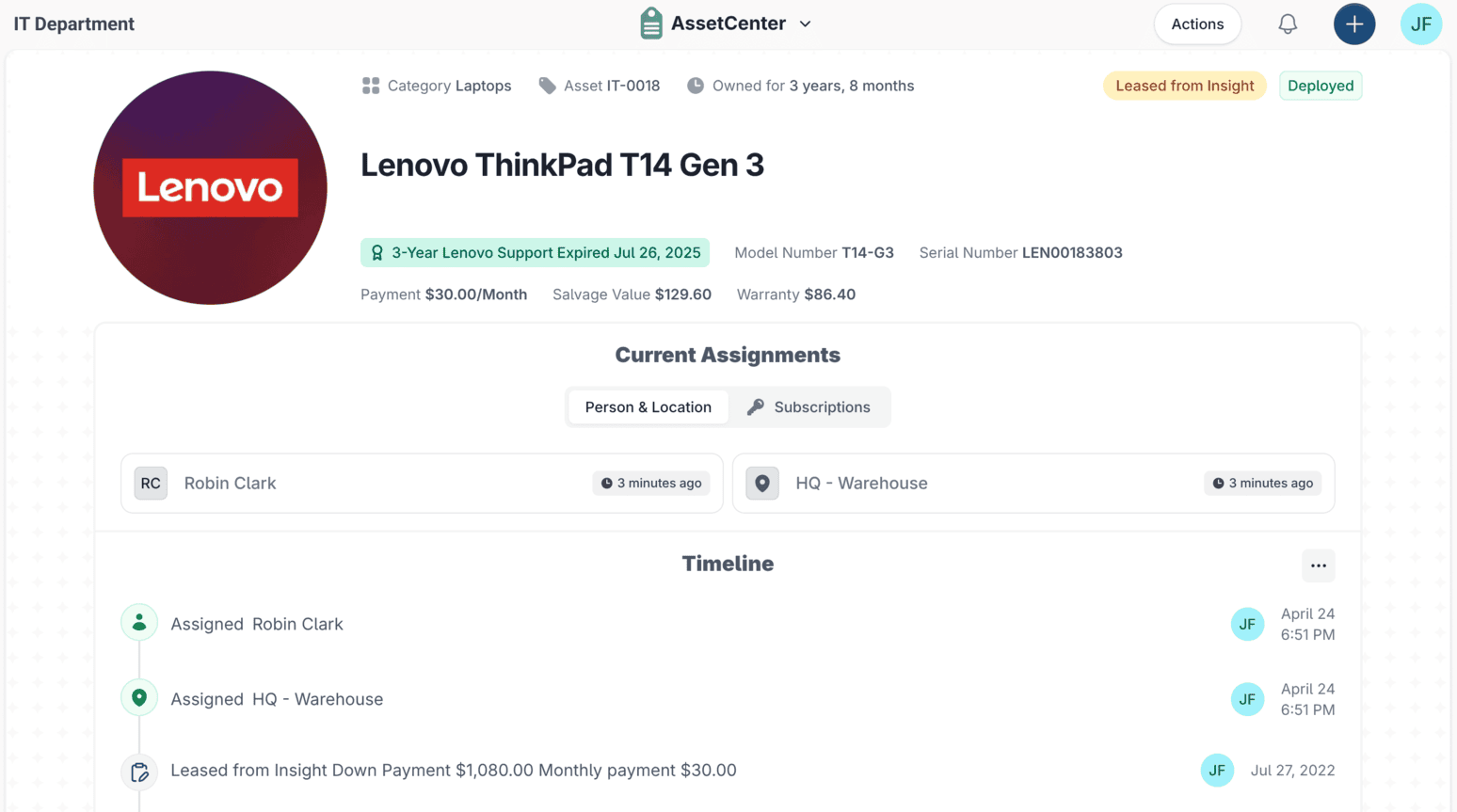An asset record in AssetCenter for a Lenovo ThinkPad T14 Gen 3, showing its category, warranty and payment figures, current assignments and a timeline of events.
