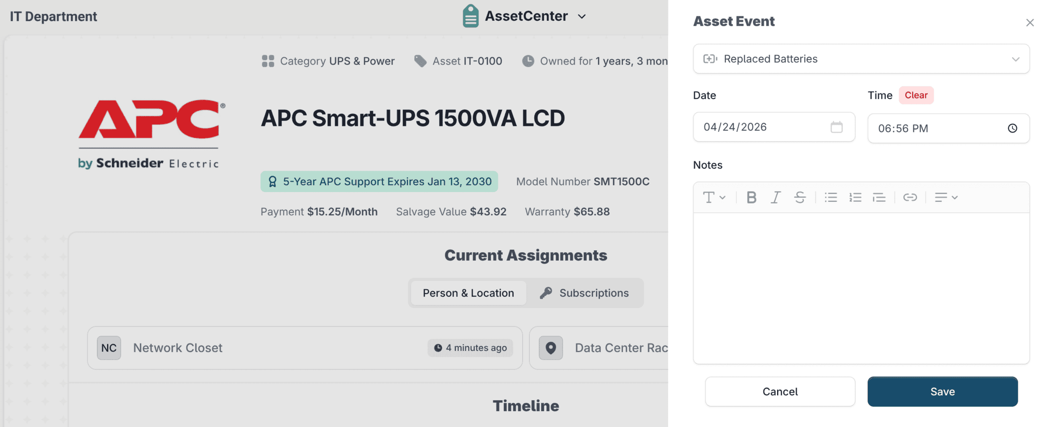 Logging an event against an APC Smart-UPS in AssetCenter, with an Asset Event panel for the event type, date, time and notes.