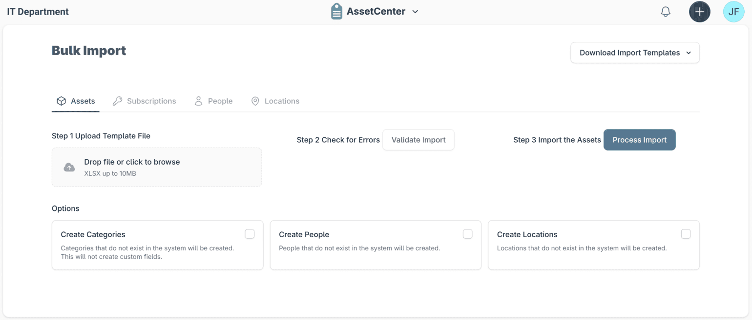 The AssetCenter bulk import screen: upload a template file, validate it for errors, then process the import, with options to create missing categories, people and locations.