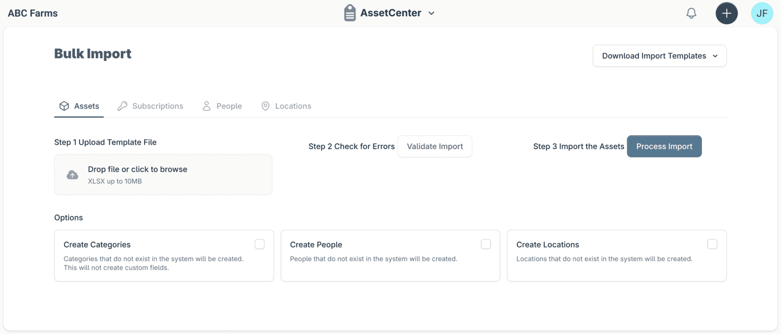 The AssetCenter bulk import screen: upload a template file, validate it for errors, then process the import, with options to create missing categories, people and locations.
