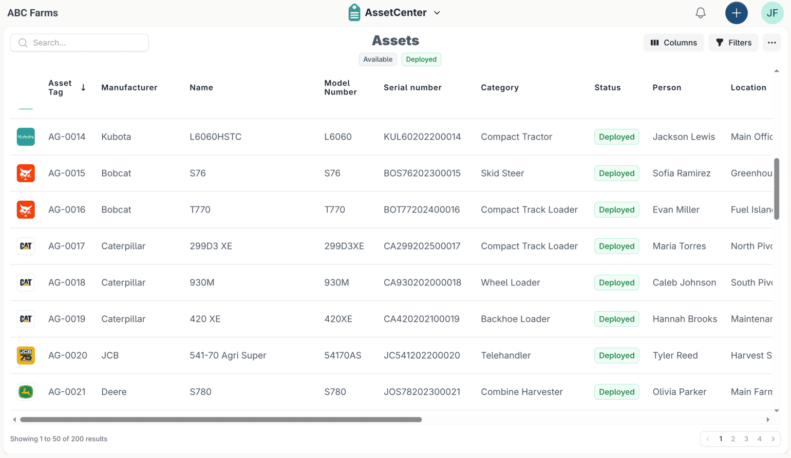 The AssetCenter asset list for a farm, with columns for asset tag, manufacturer, model and serial number, category, status, assigned person and location.