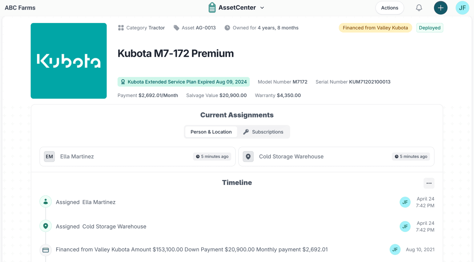 A Kubota tractor record in AssetCenter with the Kubota manufacturer logo applied automatically, above its current assignments and event timeline.
