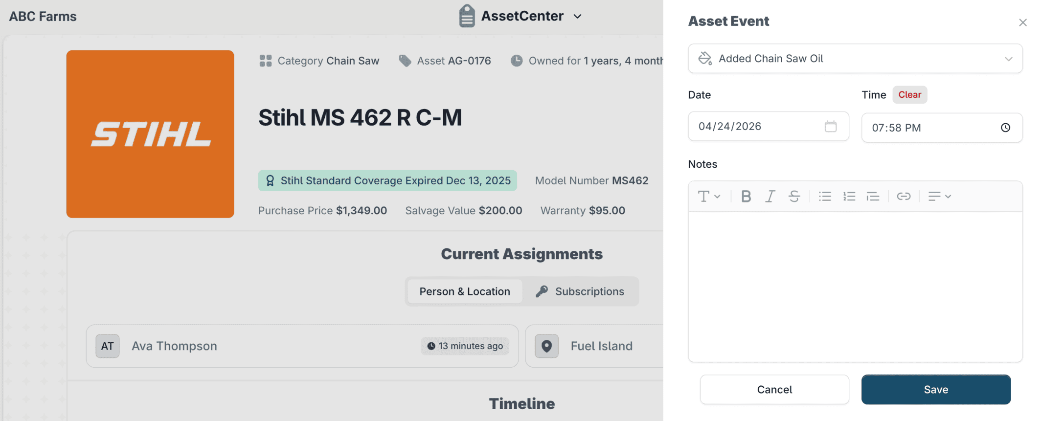 Logging an event against a Stihl chain saw in AssetCenter: an Asset Event panel with the event type set to Added Chain Saw Oil, plus date, time and notes fields.