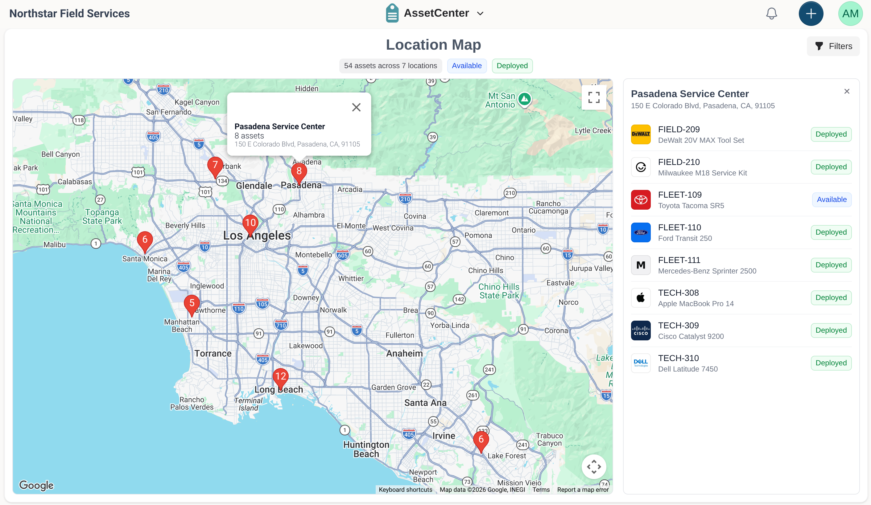 The AssetCenter Location Map showing asset-count pins across Los Angeles and a selected Pasadena location with its assigned assets, models and statuses.