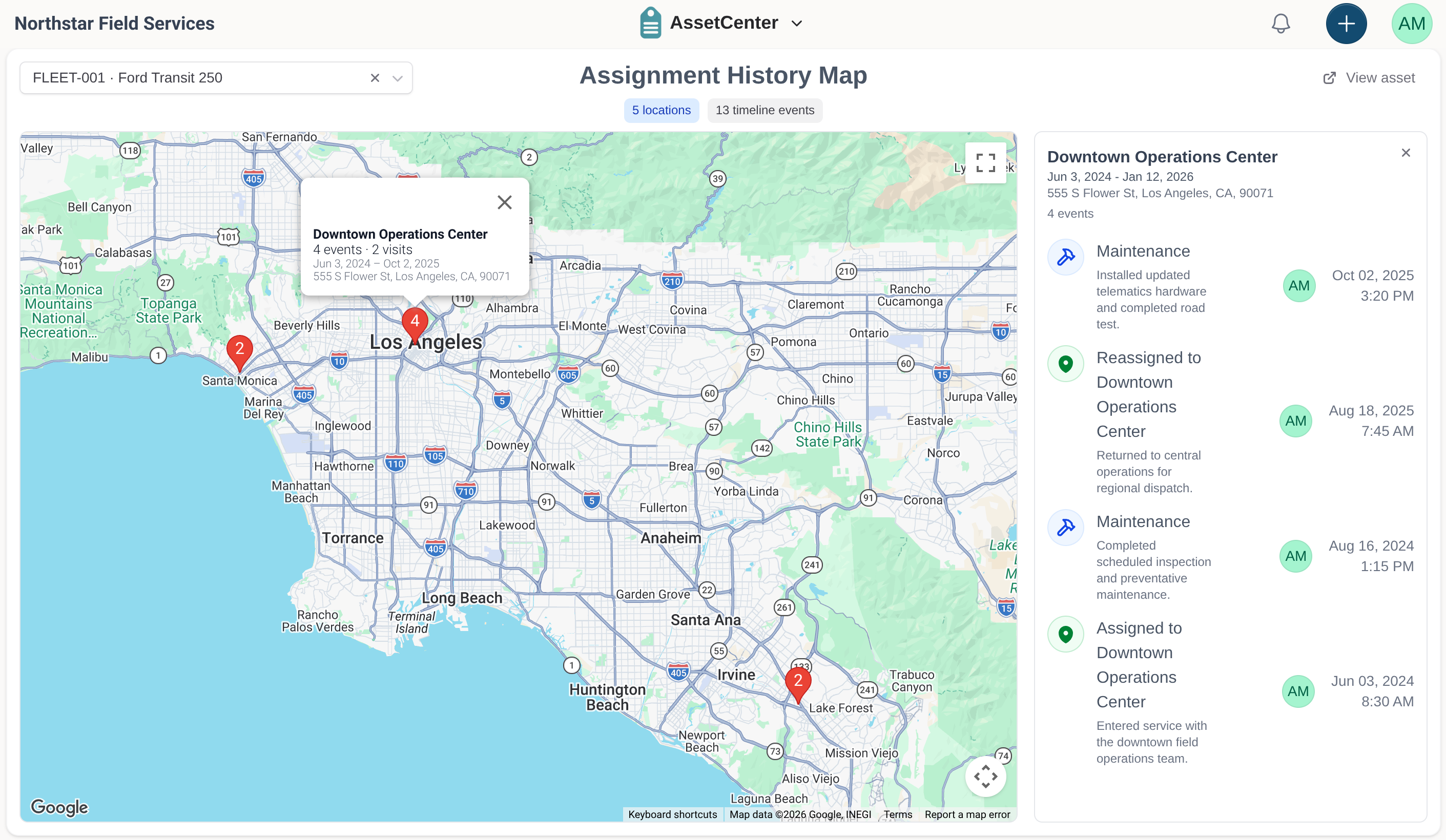 The AssetCenter Assignment History Map for a Ford Transit showing five historical locations and the maintenance and assignment events recorded at a selected operations center.