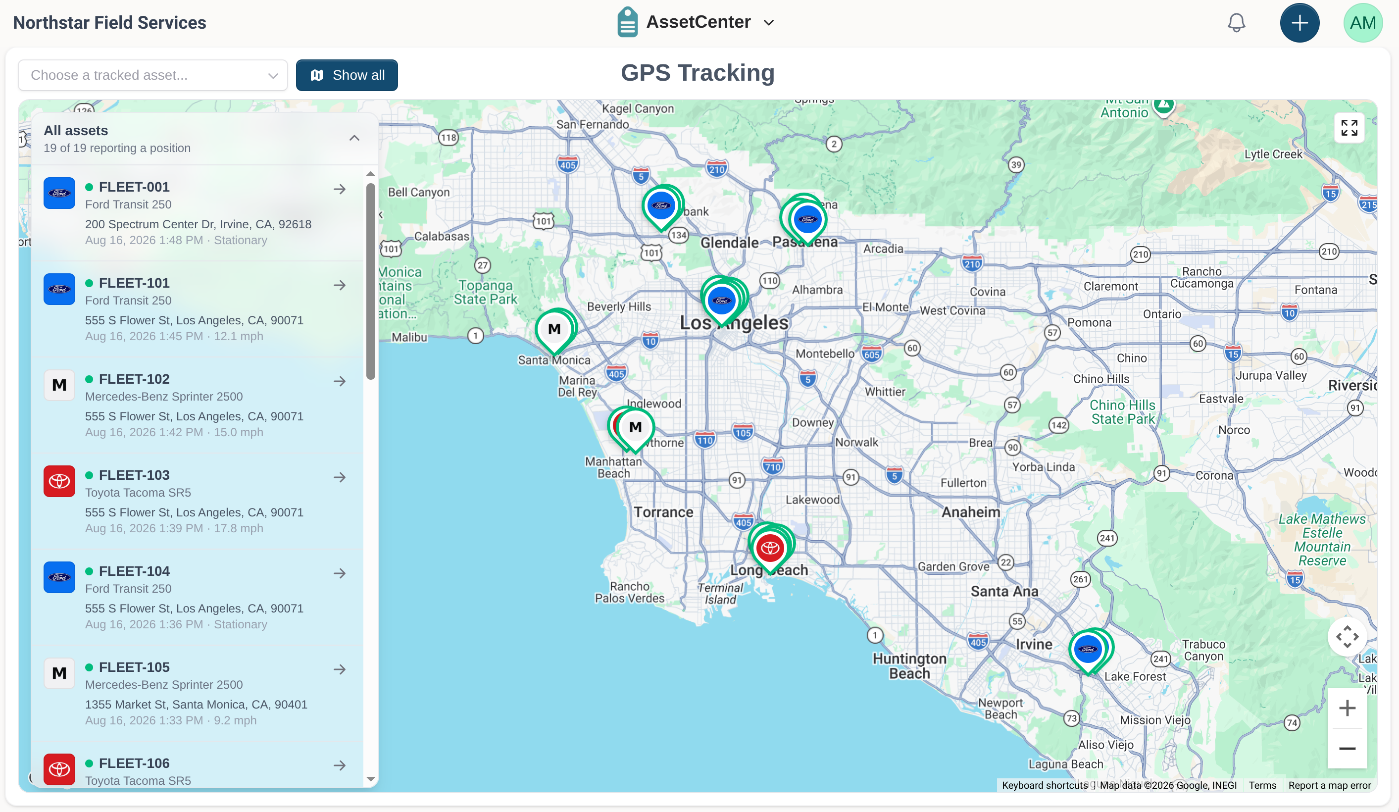 AssetCenter GPS Tracking showing the latest reported positions of nineteen fleet assets across the Los Angeles area, with addresses, timestamps and speed or stationary status.