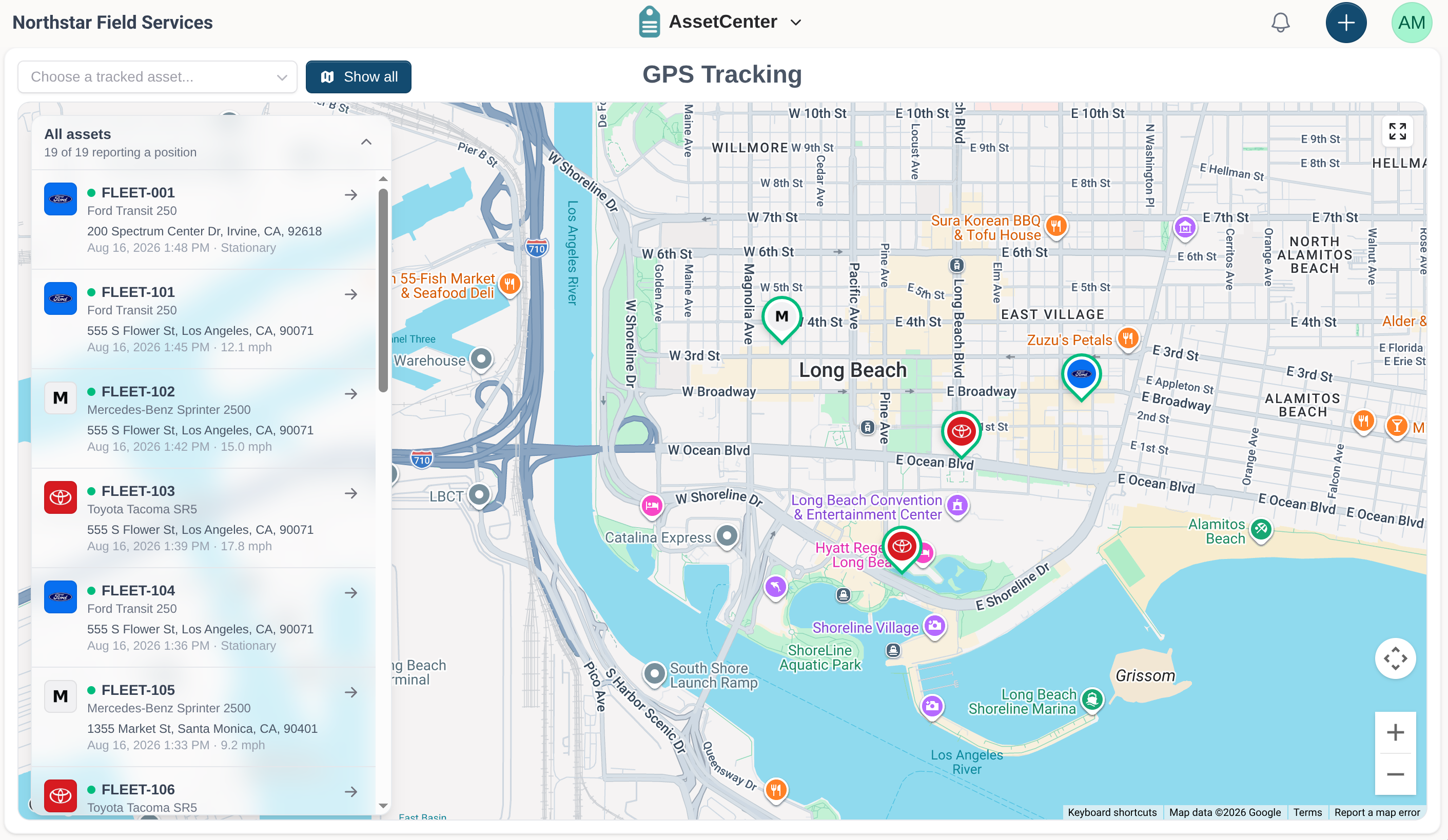 A closer AssetCenter GPS fleet view around Long Beach with reporting assets listed beside their markers, addresses, timestamps and speeds.